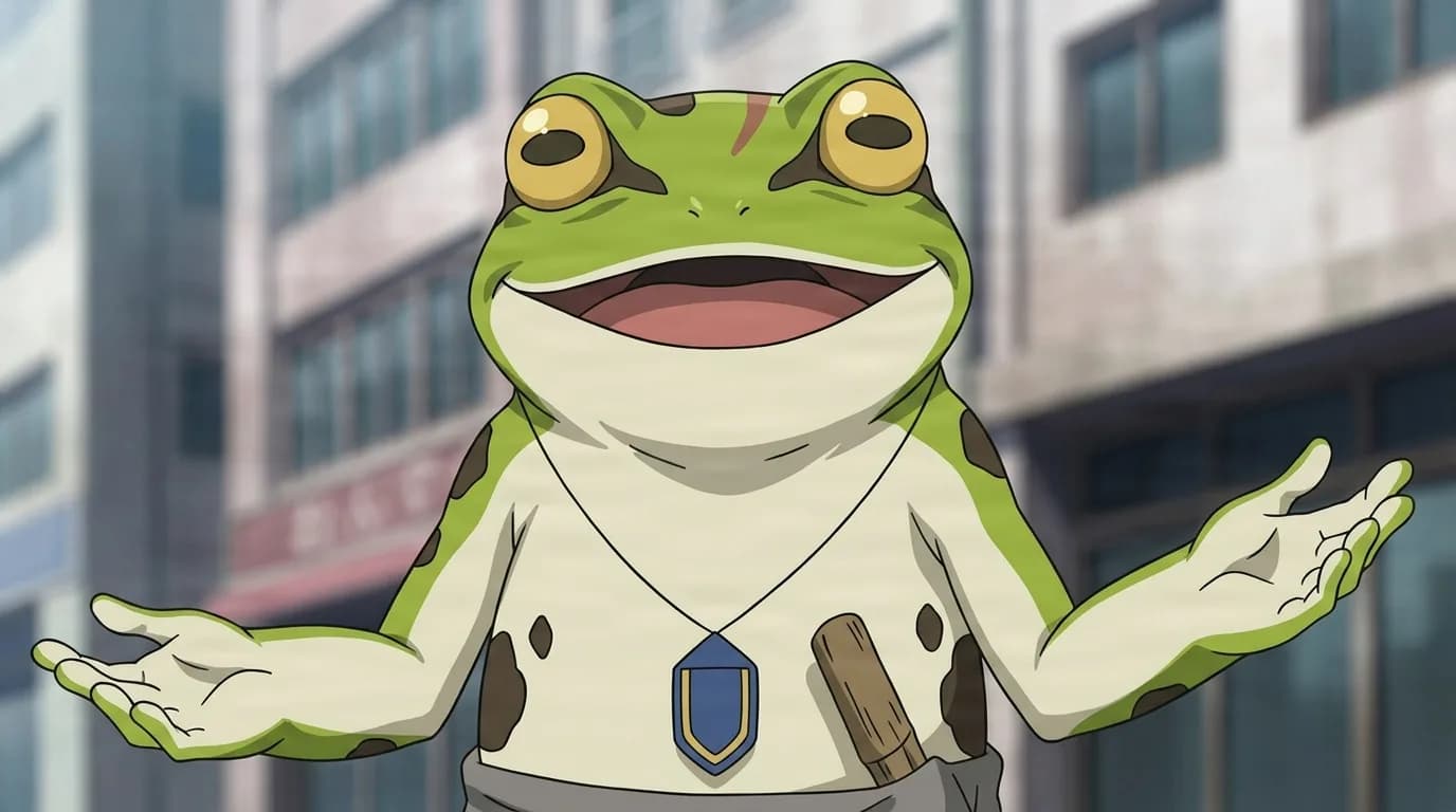 Frog Man from One Punch Man in a close-framed cel-shaded anime scene with a detailed environment