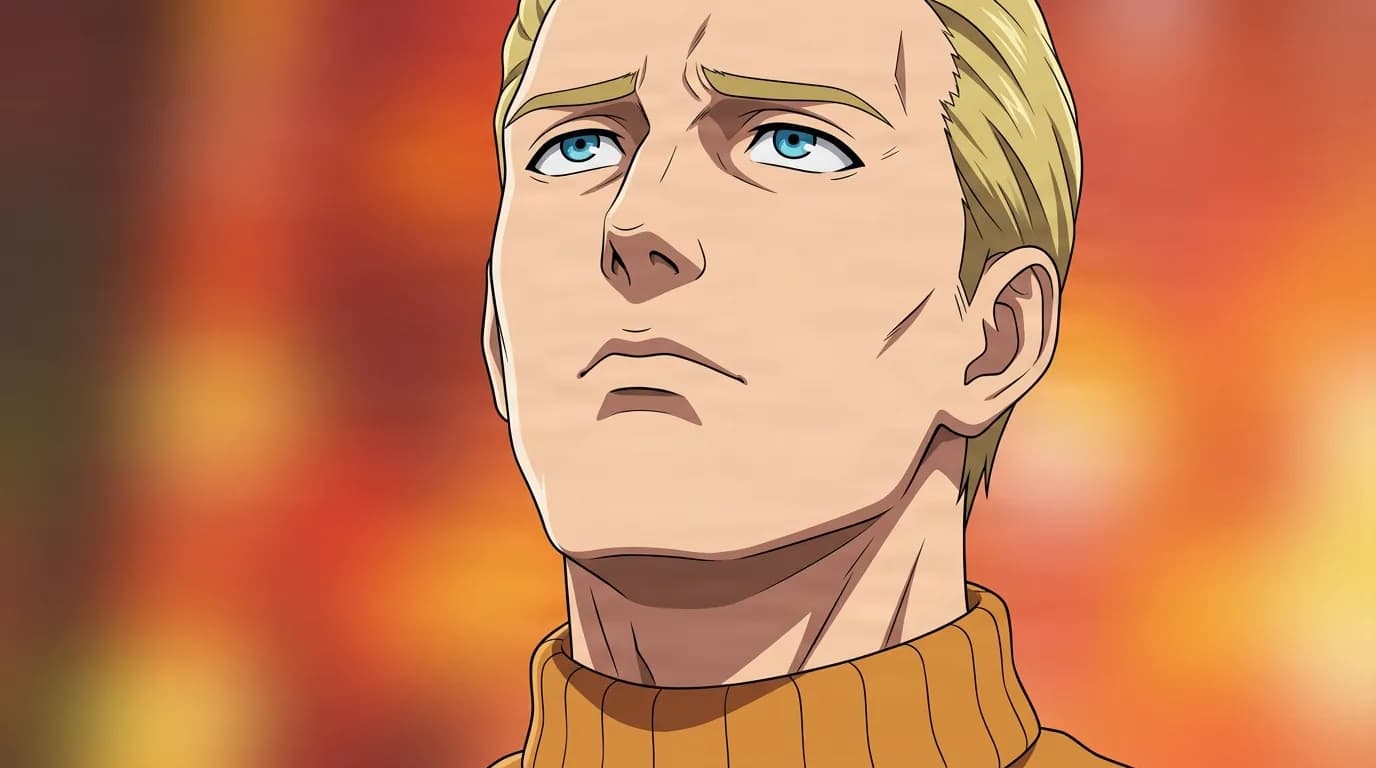 King from One Punch Man in a close-framed cel-shaded anime scene with a detailed environment