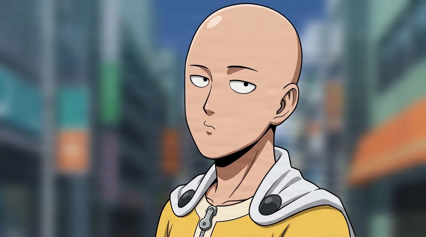 Saitama from One Punch Man in a close-framed cel-shaded anime scene with a detailed environment
