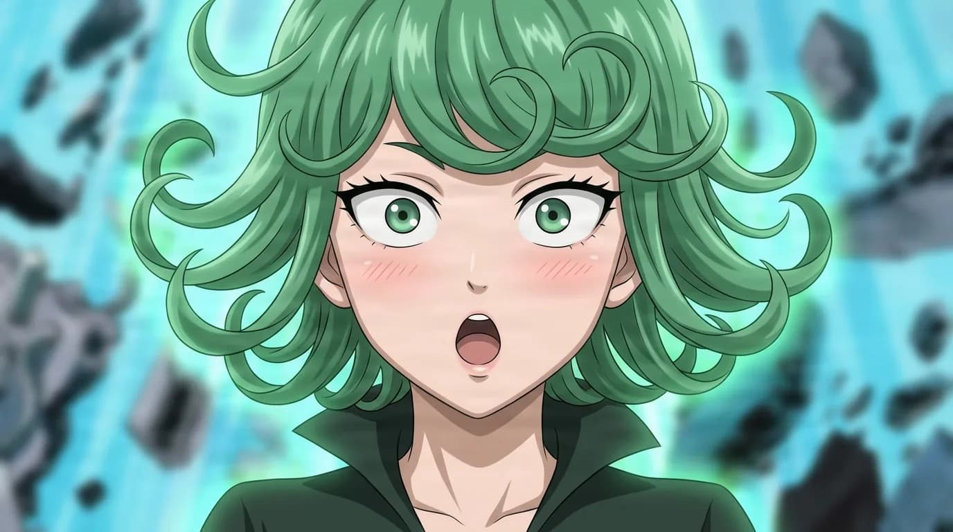 Tatsumaki from One Punch Man in a close-framed cel-shaded anime scene with a detailed environment