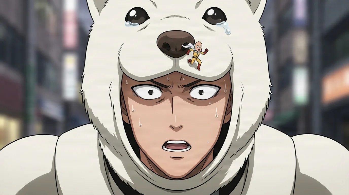 Watchdog Man from One Punch Man in a close-framed cel-shaded anime scene with a detailed environment