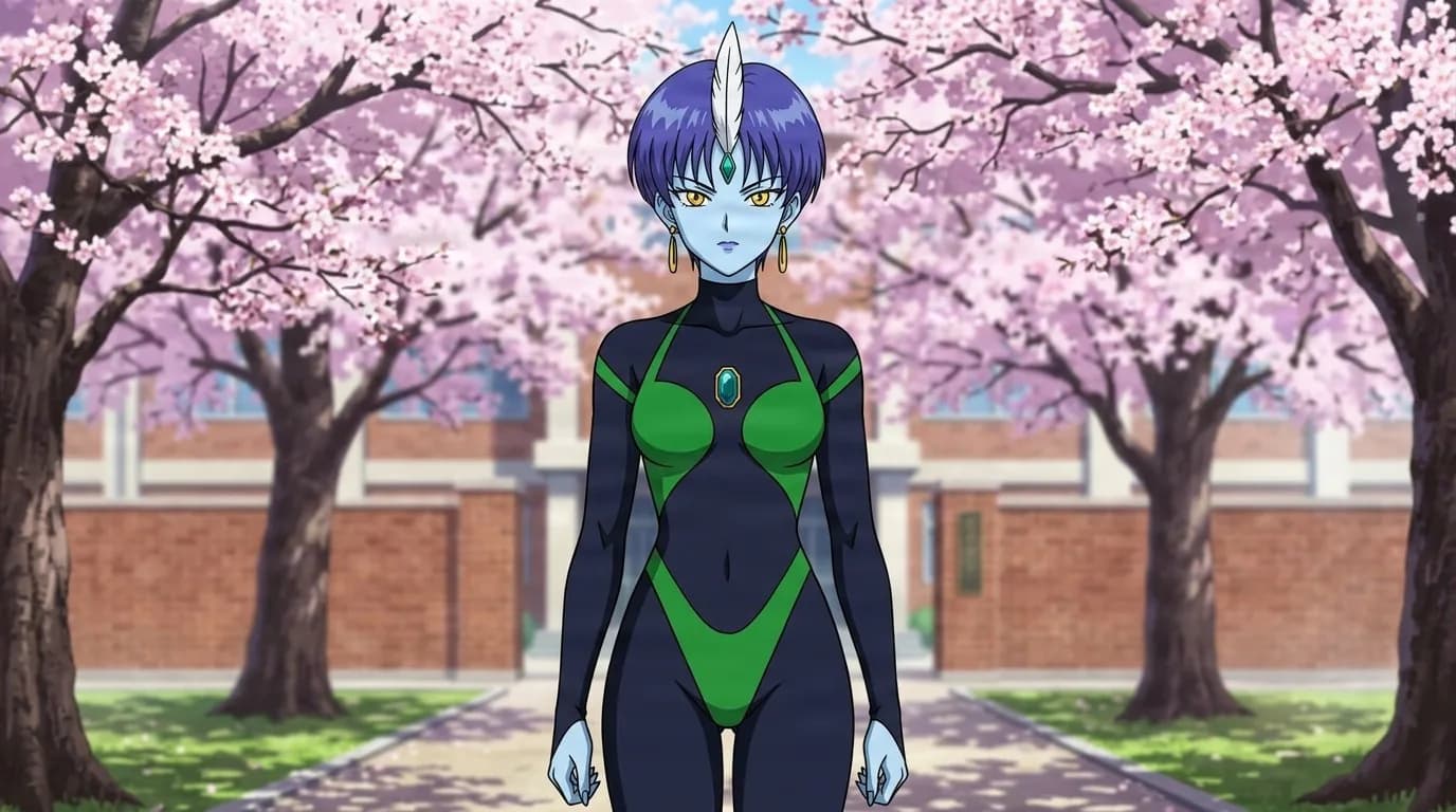 Lake Yokai, a blue-skinned youma with purple hair and a white feather, wearing a green and black gem-accented bodysuit, standing beneath cherry blossom trees.