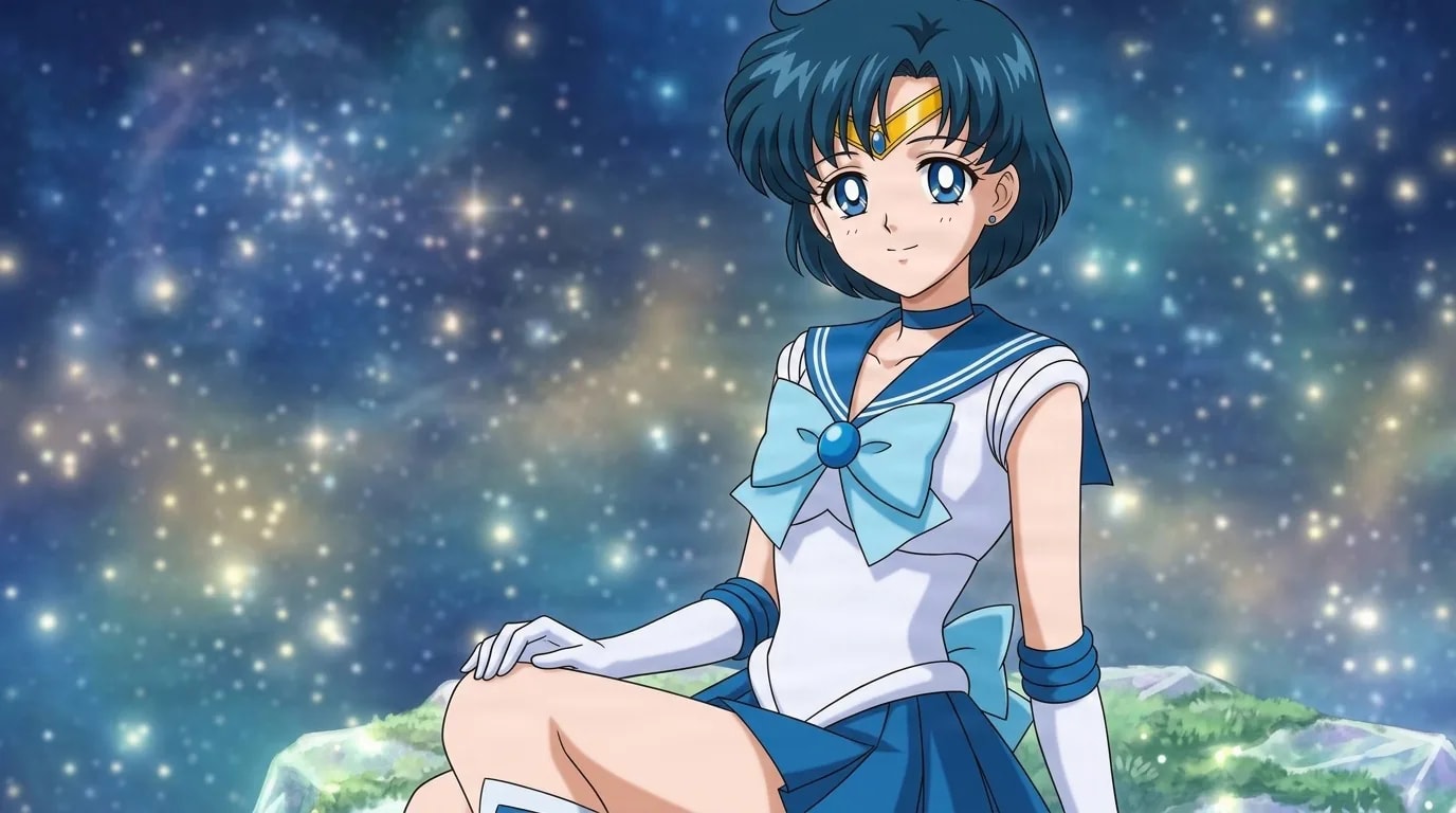 Ami Mizuno / Sailor Mercury (Anime) with short blue hair seated on a rock, in her blue sailor uniform against a starry sky.