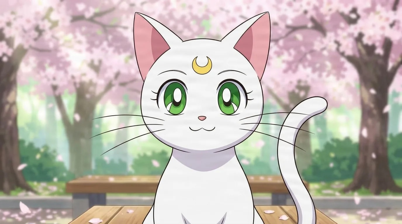 Artemis (Crystal), a white cat with green eyes and a crescent moon, seated under blooming cherry blossom trees.