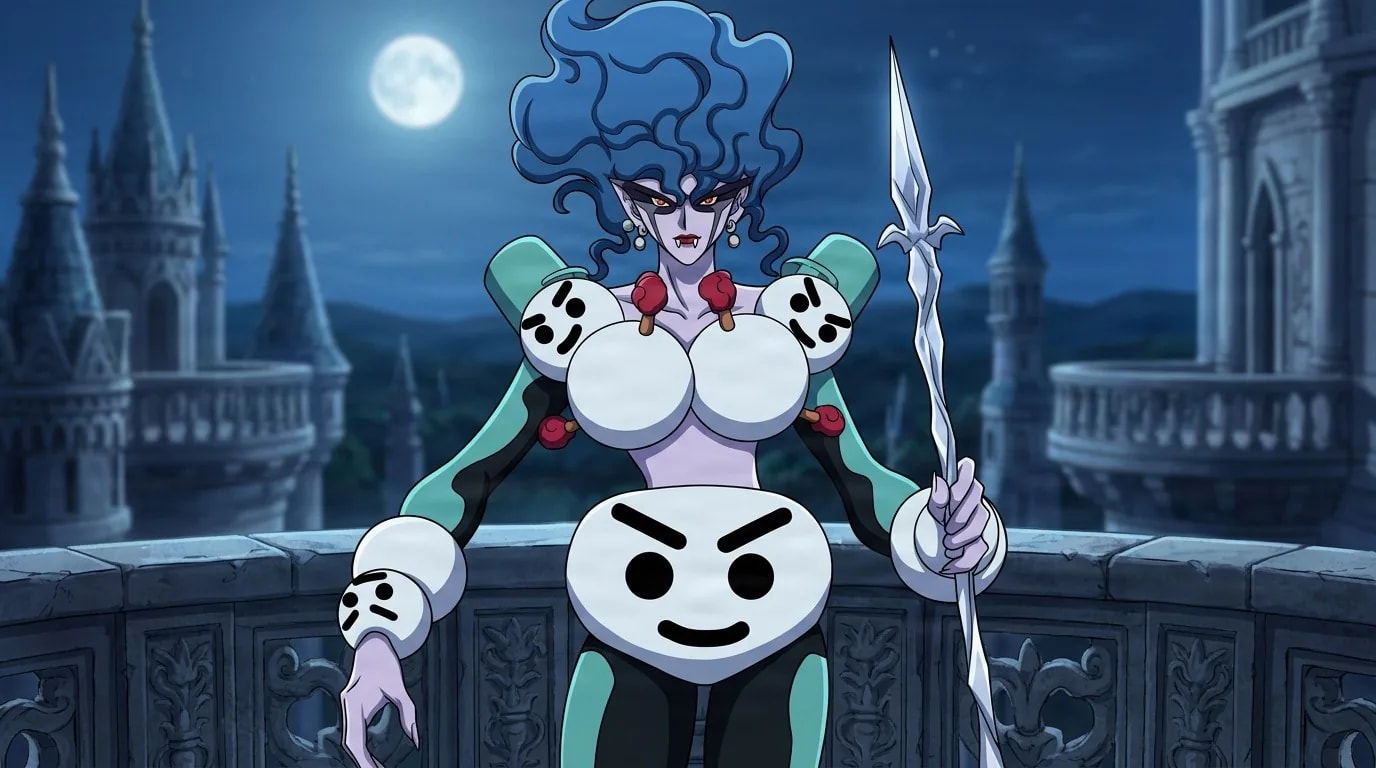 Blizzar gripping an icy spear on a moonlit castle balcony, wavy blue hair and a fanged sneer, white face marked armor over a teal bodysuit