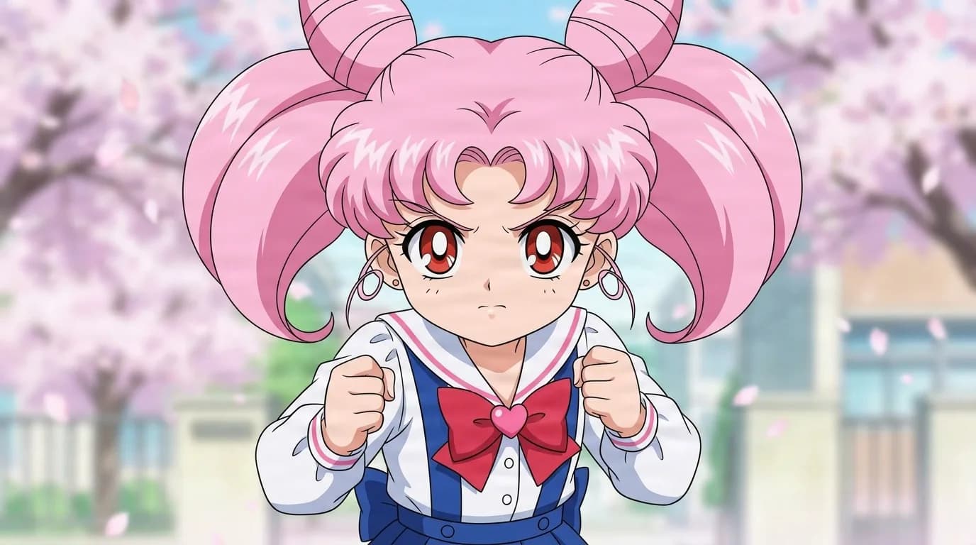 Chibiusa, pink cone-bun hair and a school uniform with a red heart bow, raises her fists in a cherry blossom courtyard.