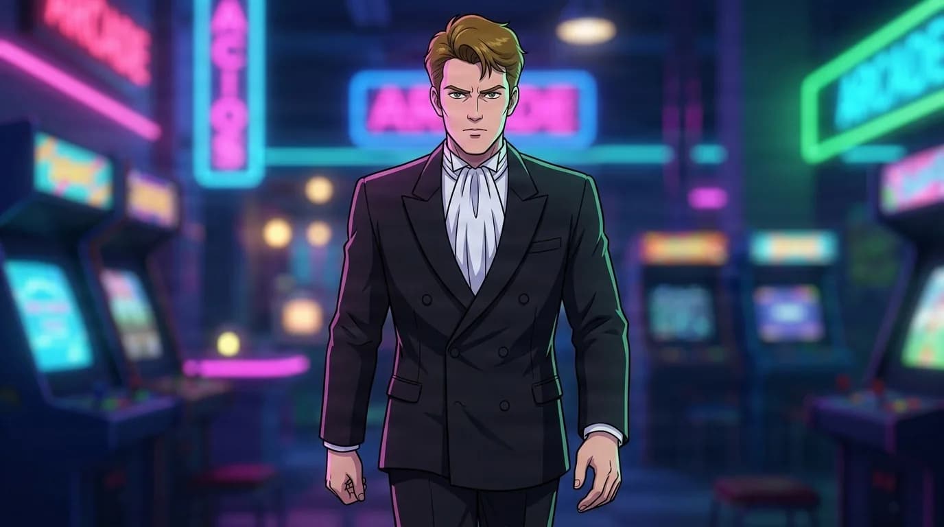 Edward walking through a neon lit arcade, brown hair and a black double breasted suit with a white cravat