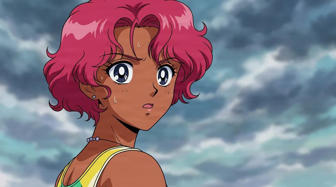 Elsa Gray, a short pink-haired woman in a yellow tank top, looks back with a tense expression under stormy grey clouds.