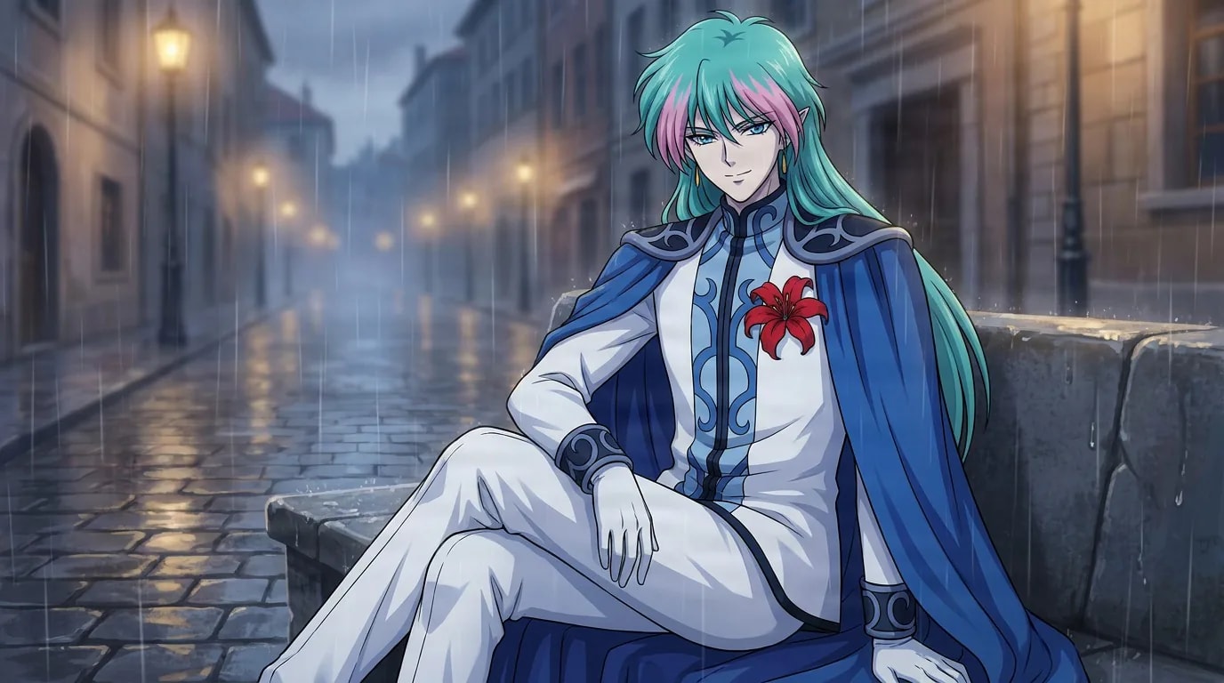 Fiore, a long green-haired man with a red lily on his white outfit and blue cape, sits on a stone ledge on a rainy street at night.