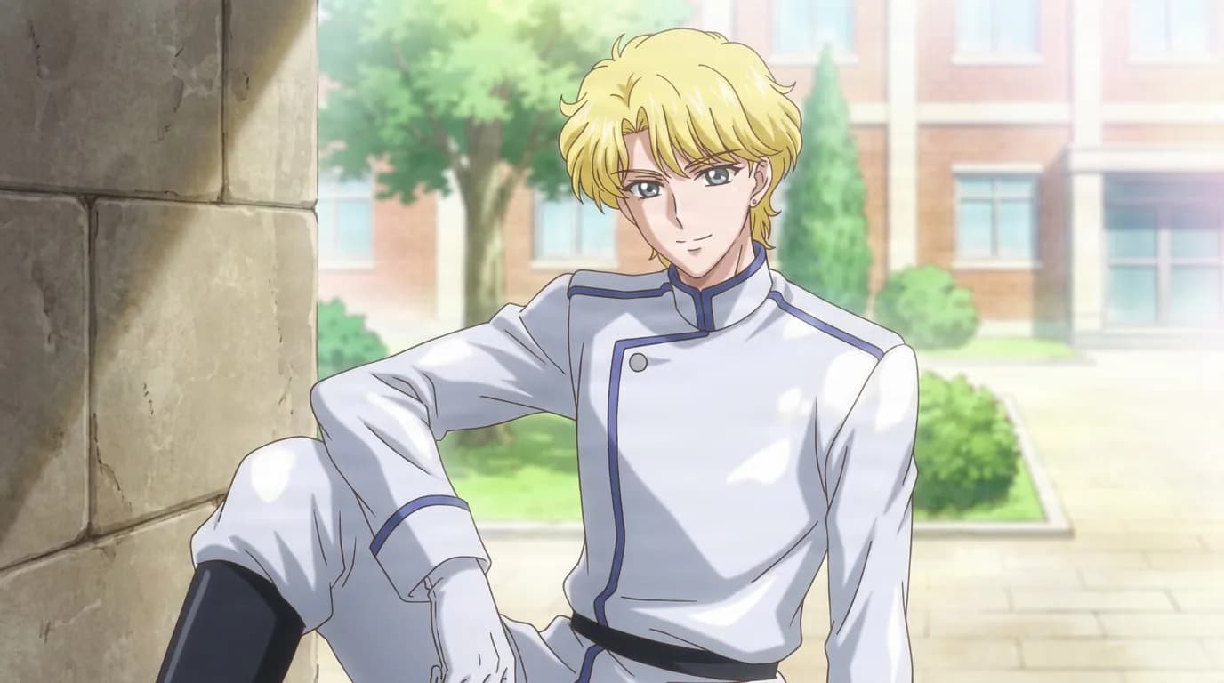 Jadeite with blonde hair in a white uniform, leaning against a stone wall in a sunlit courtyard.