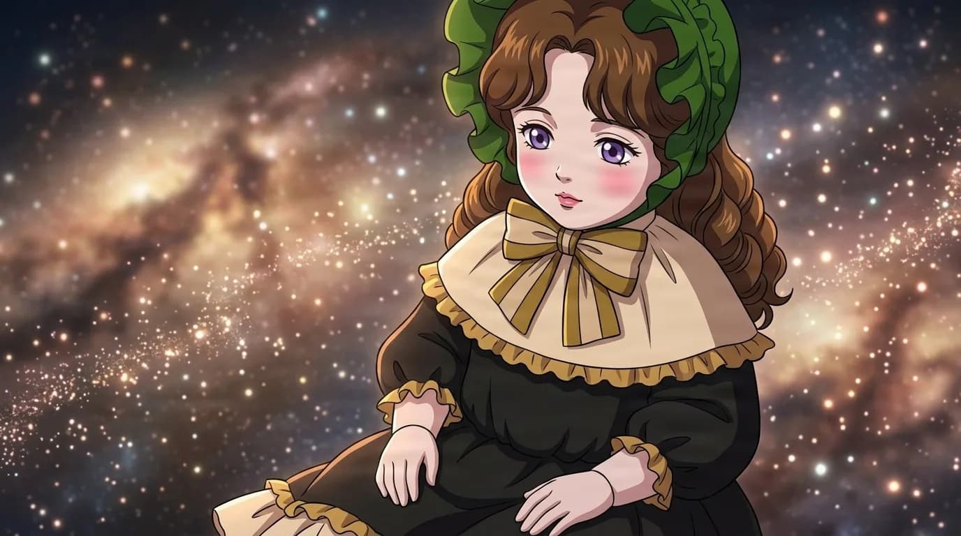 Jumou seated against a glittering starfield, a young girl in a green ruffled bonnet, cream collar with a gold bow and a dark dress