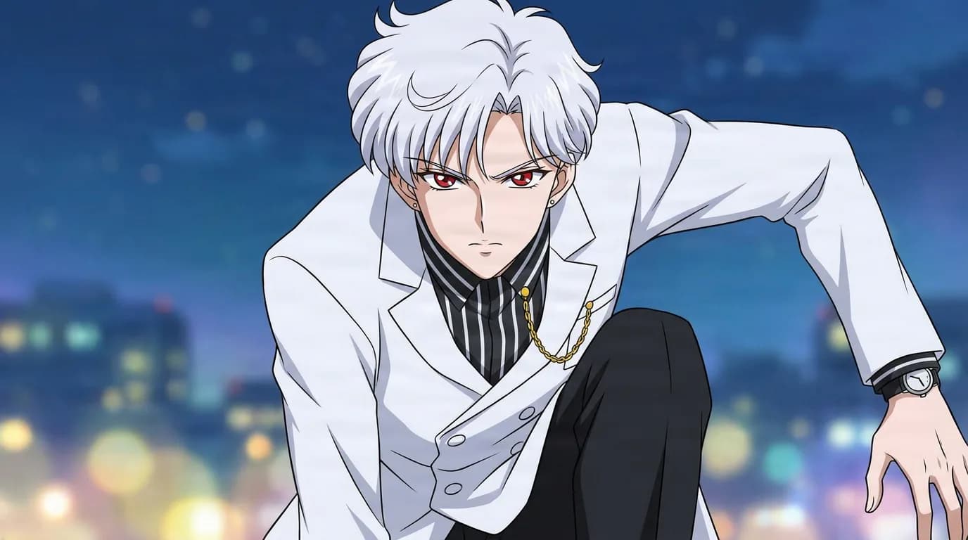 Kakeru Ohzora with blonde hair in a white uniform, sitting and leaning against a stone wall in a courtyard.