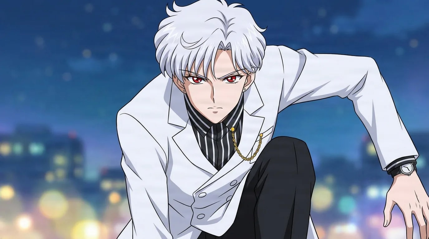 Kakeru Ohzora with blonde hair in a white uniform, sitting and leaning against a stone wall in a courtyard.