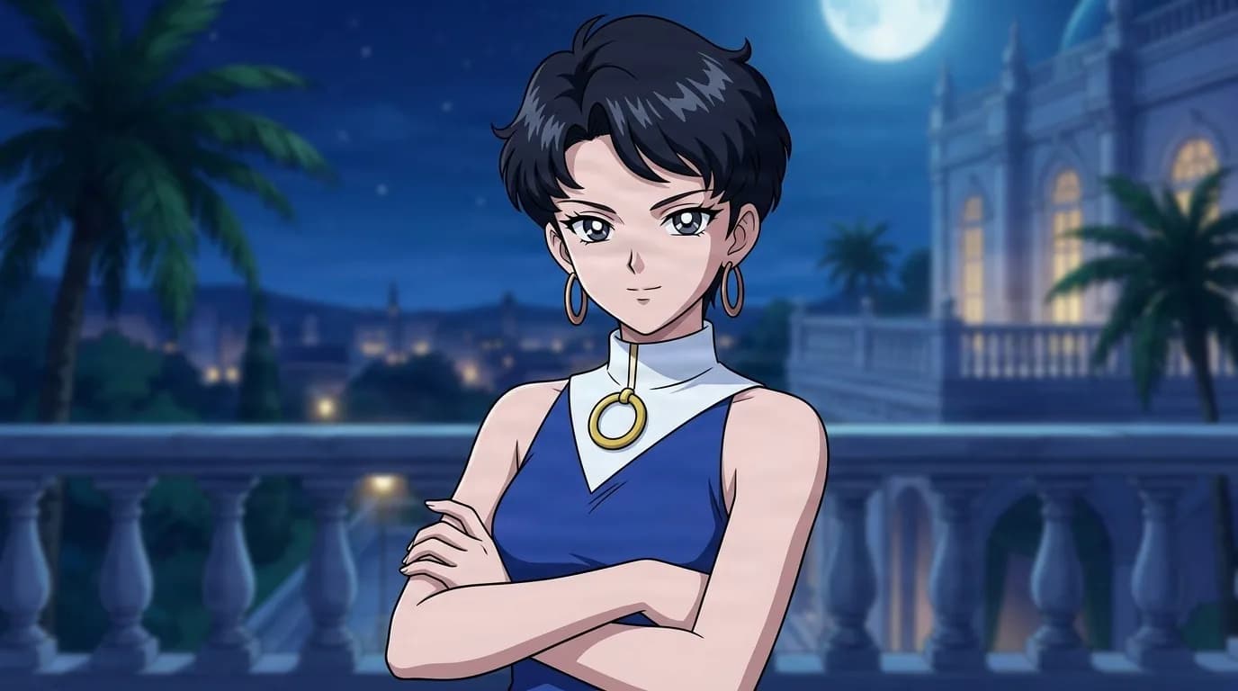 Kariko Tokoyama standing with arms crossed on a moonlit balcony, short black hair, gold hoop earrings and a blue dress with a white collar
