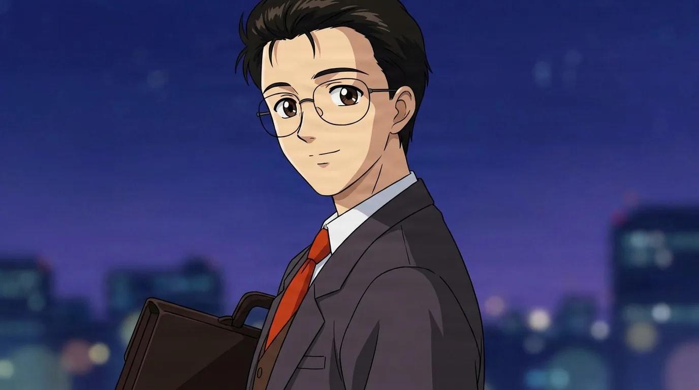 Kenji Tsukino with dark hair and round glasses, in a gray suit and red tie holding a briefcase at night.