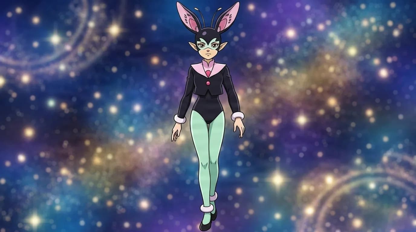 Kigurumiko standing against a starfield in a black rabbit costume with tall pink lined ears, a pink collared jacket and mint green tights