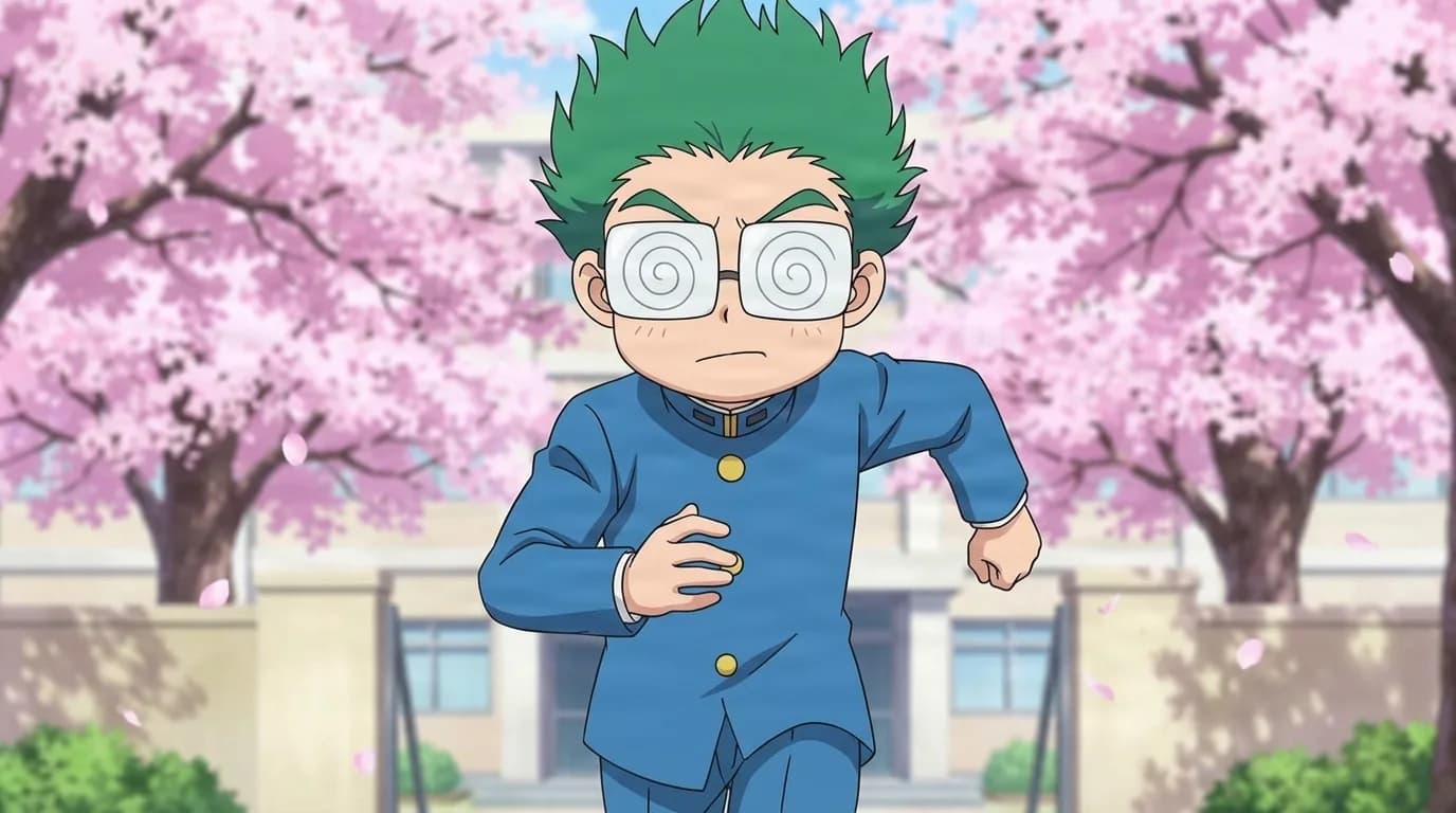 Kurume Suri running under cherry blossoms in a blue gakuran, a short boy with spiky green hair and spiral patterned glasses