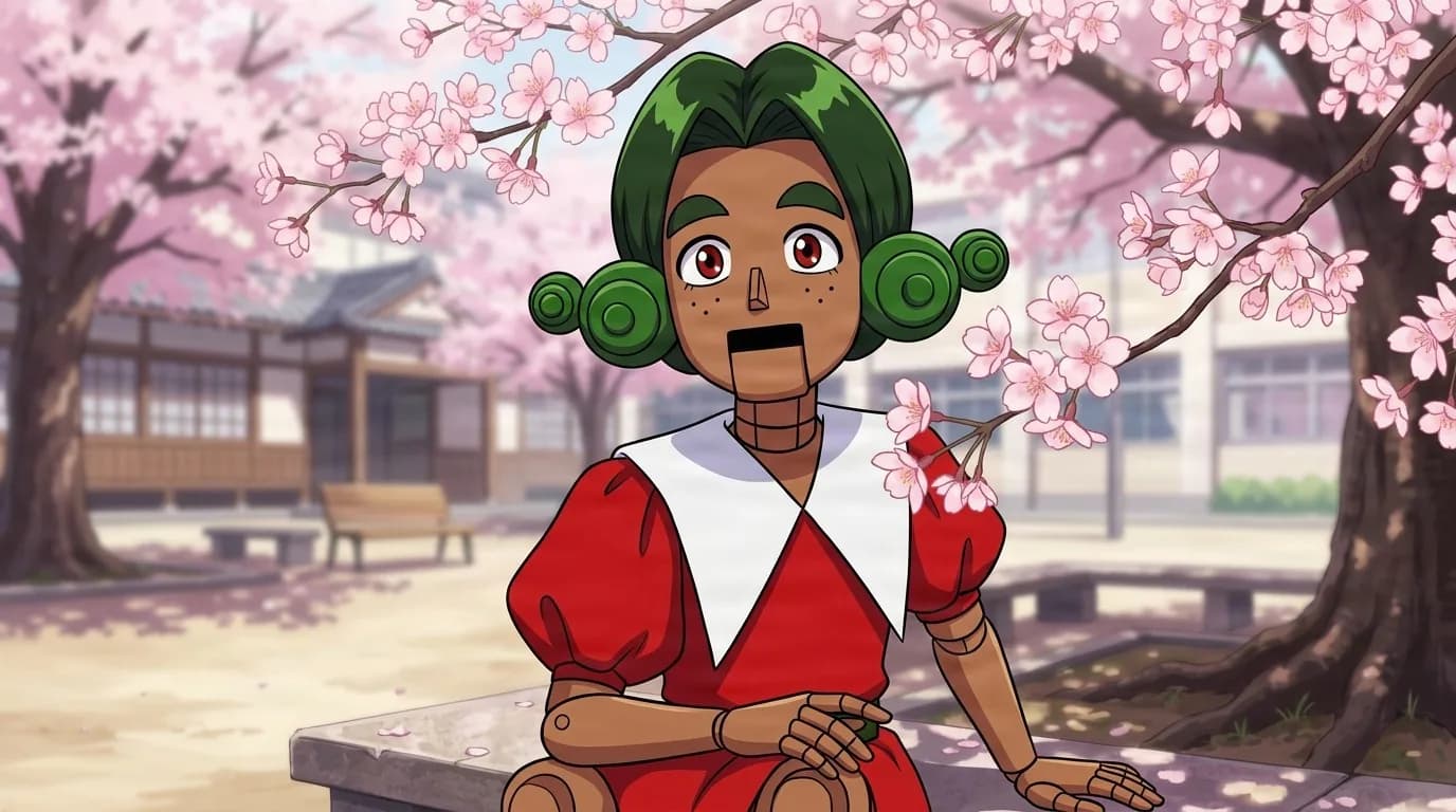 Kurumiwario seated on a stone bench under cherry blossoms, a jointed wooden nutcracker doll with green hair buns and a red dress with a white collar