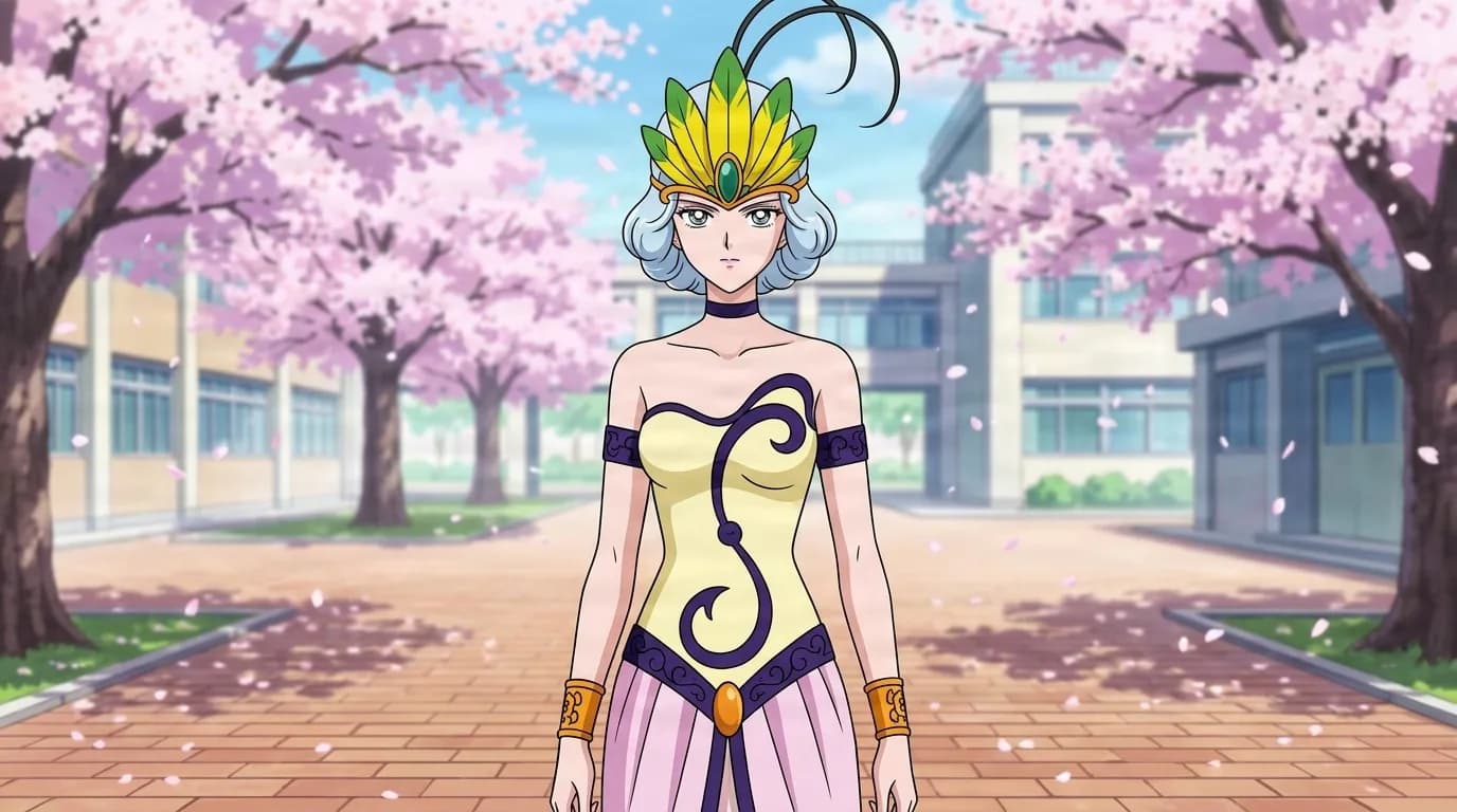 Luax, a silver-haired woman in a feathered gold and green headdress and purple-trimmed bodice, standing in a cherry blossom courtyard