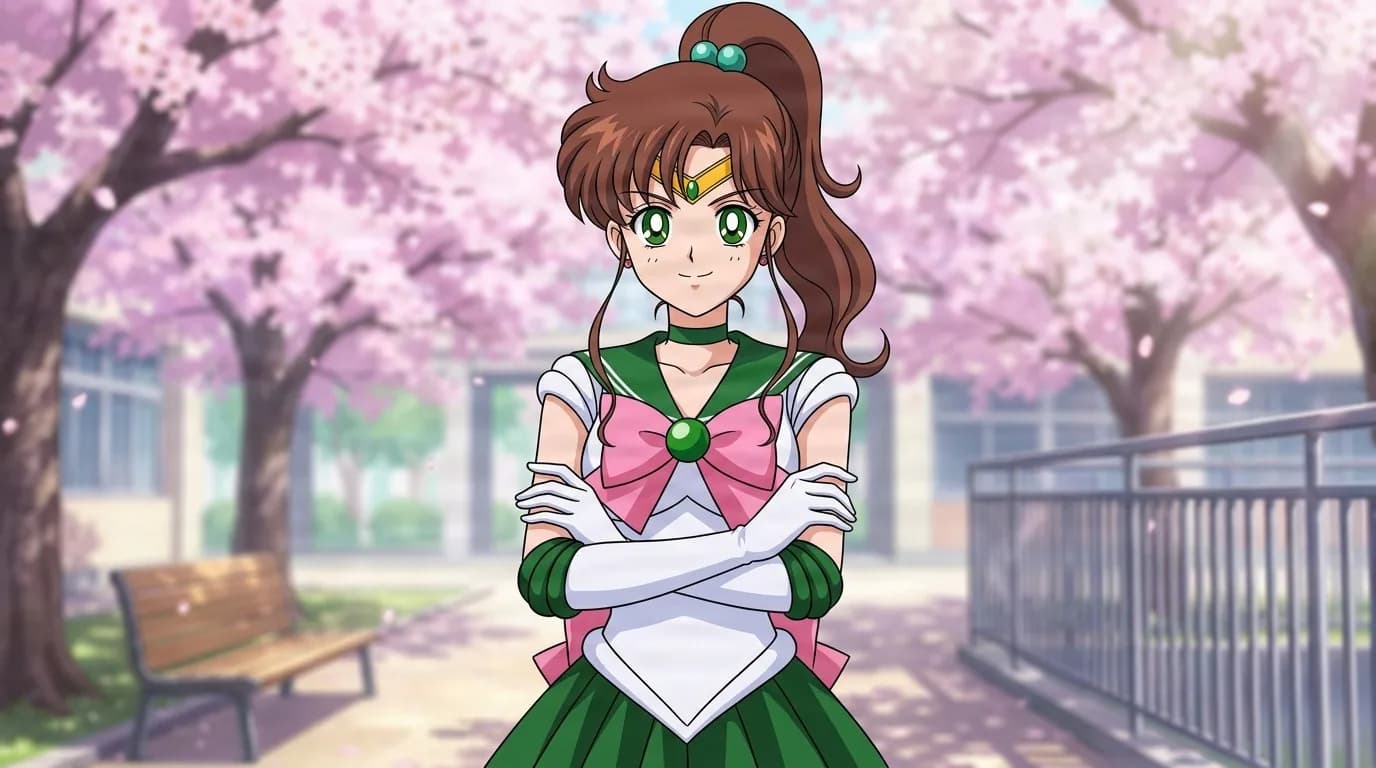 セーラージュピターが、茶色いポニーテールとピンクのリボンの緑のセーラー服姿で、桜咲く中庭に腕を組んで立っている。