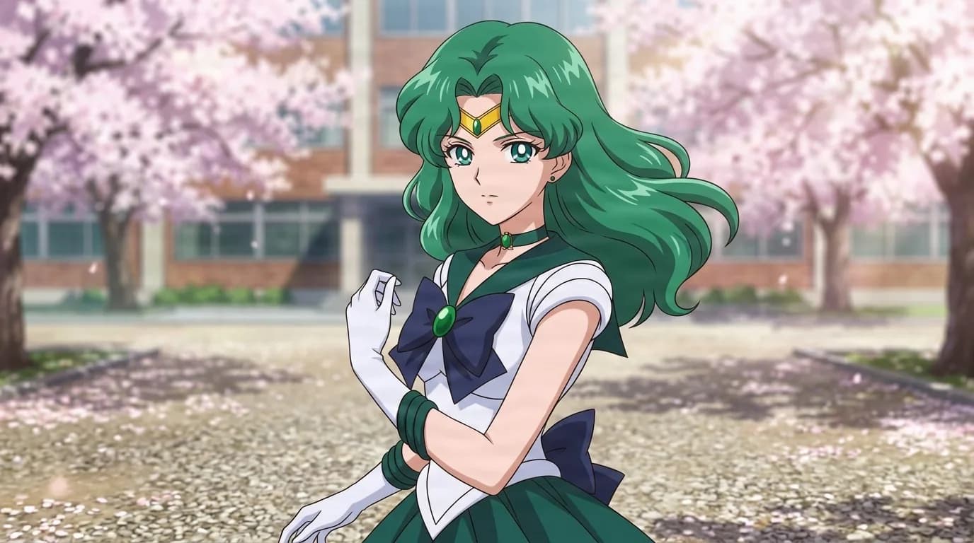 Sailor Neptune, wavy green hair in a sea-green sailor uniform with a navy bow, glances back in a cherry blossom courtyard.