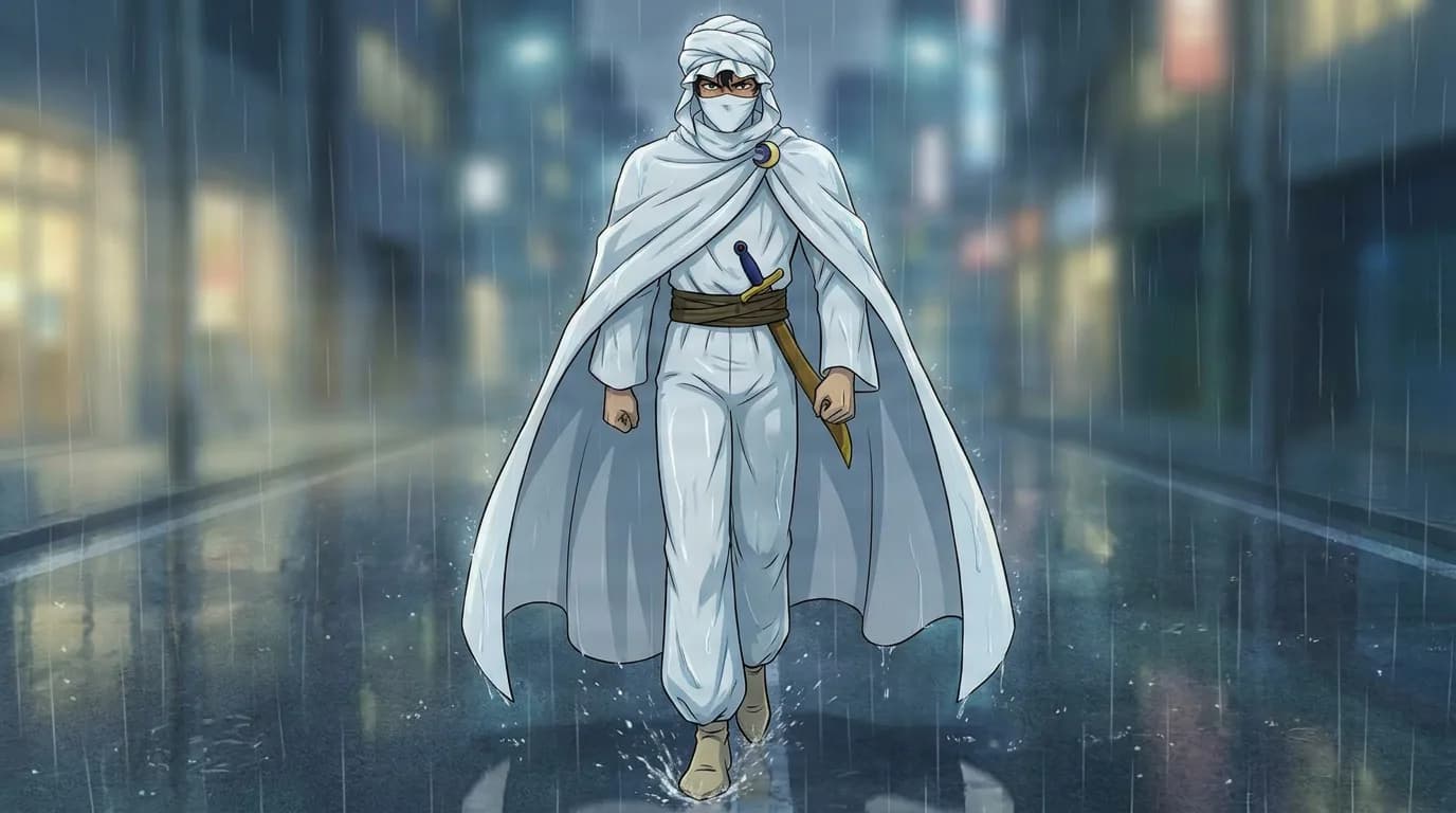 Moonlight Knight, a masked figure in a white turban and cape with a dagger, walking down a rainy street.