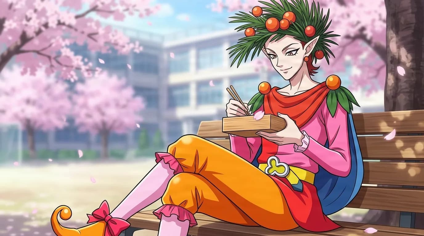 Orangeat sitting on a bench with a wooden box and chopsticks under cherry blossoms, a pine and orange berry crown, pink top and orange trousers