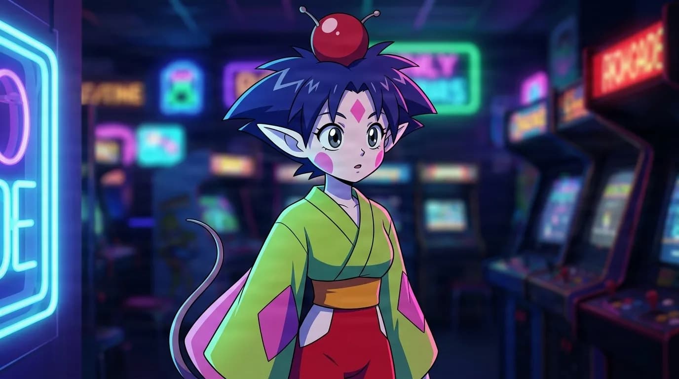 Ponko, a small pointed-eared girl with a red orb atop her spiky hair, standing wide-eyed in a green kimono inside a neon arcade