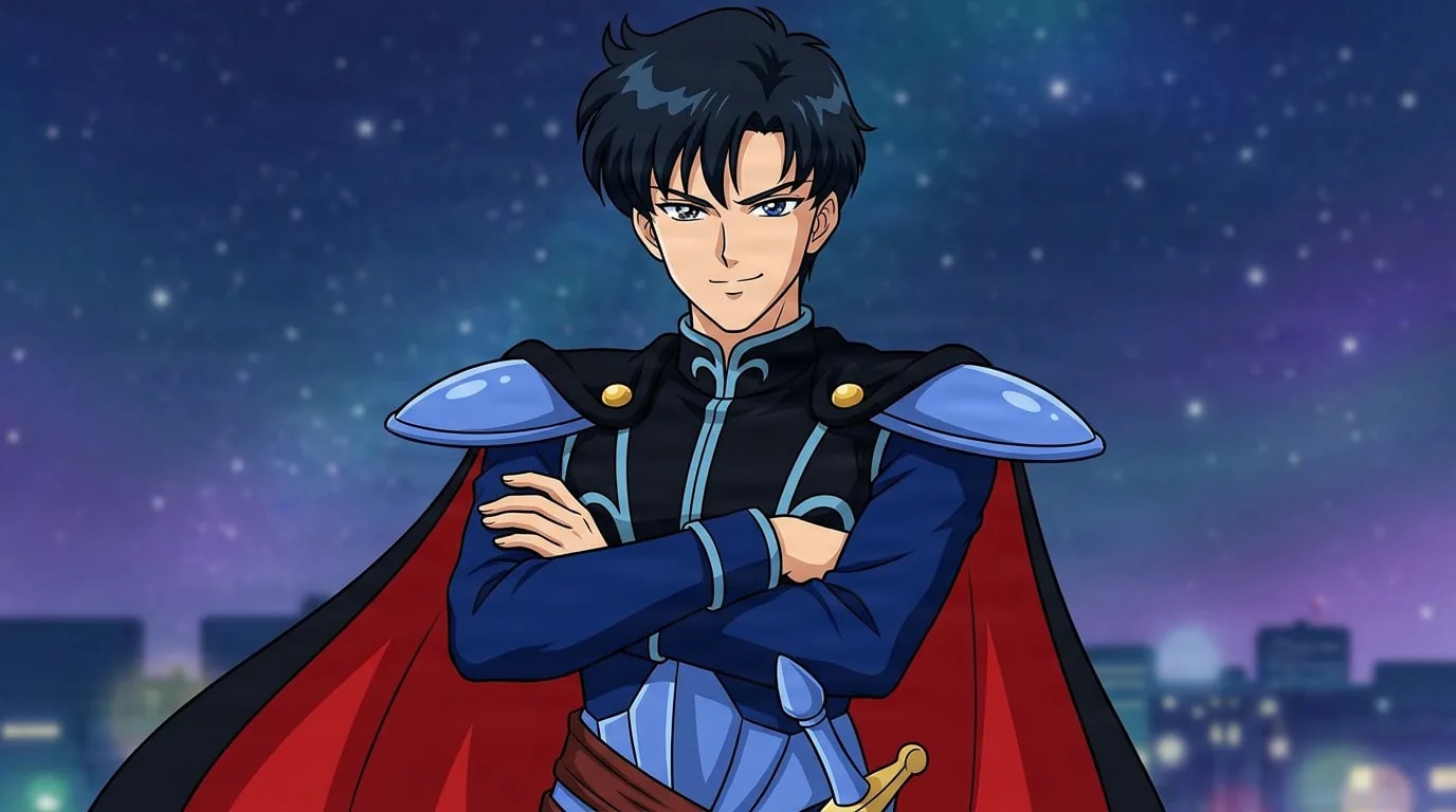Prince Endymion, a black-haired man in dark armor with blue shoulder guards and a red cape, stands arms crossed under a starry sky.