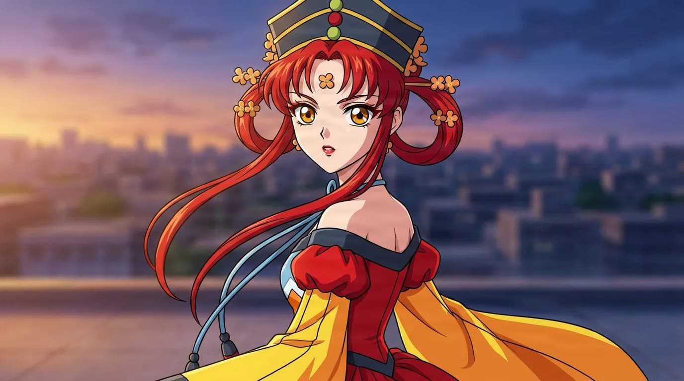 Princess Kakyuu with long red hair and an ornate crown, in a red and yellow gown before a dusk skyline.