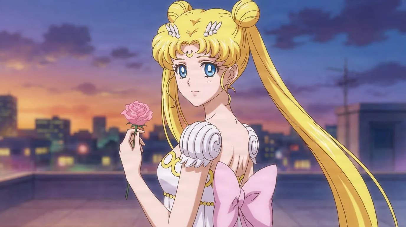 Princess Serenity with blonde buns in a white gown, holding a pink rose on a rooftop at sunset.