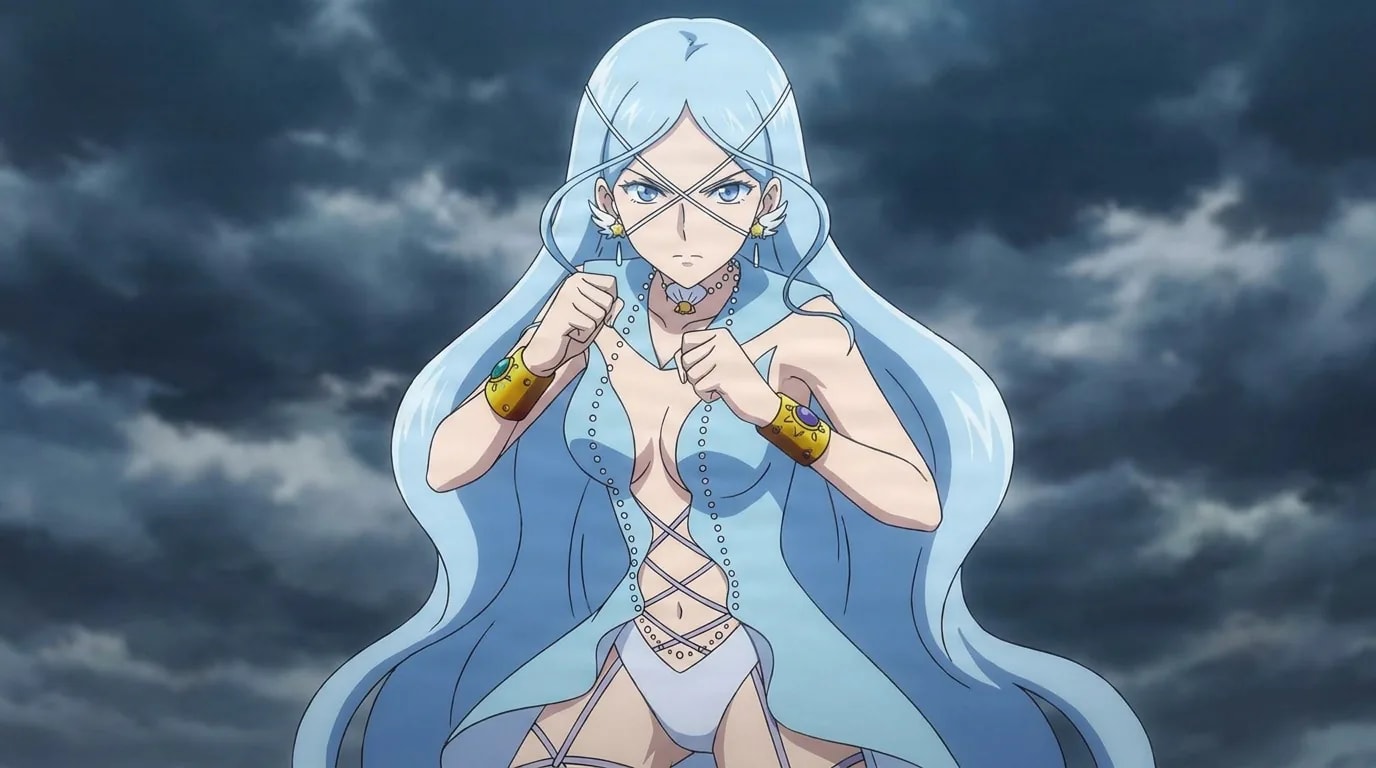 Sailor Aluminum Siren raises her fists in a fighting stance, with long light blue hair and gold cuffs, under a dark stormy sky.