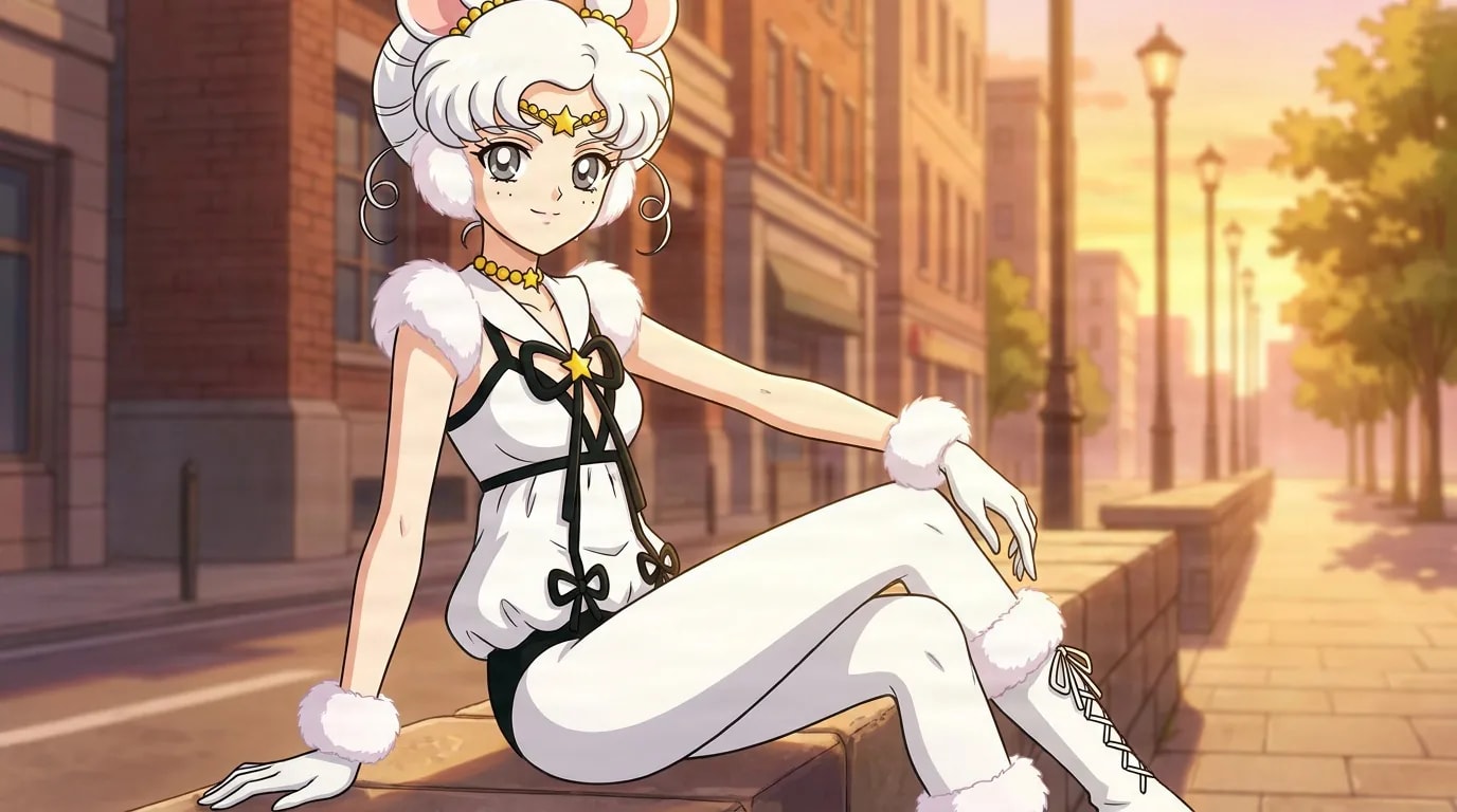 Sailor Iron Mouse with white mouse-ear hair in a furry white outfit, seated on a ledge on a sunset street.