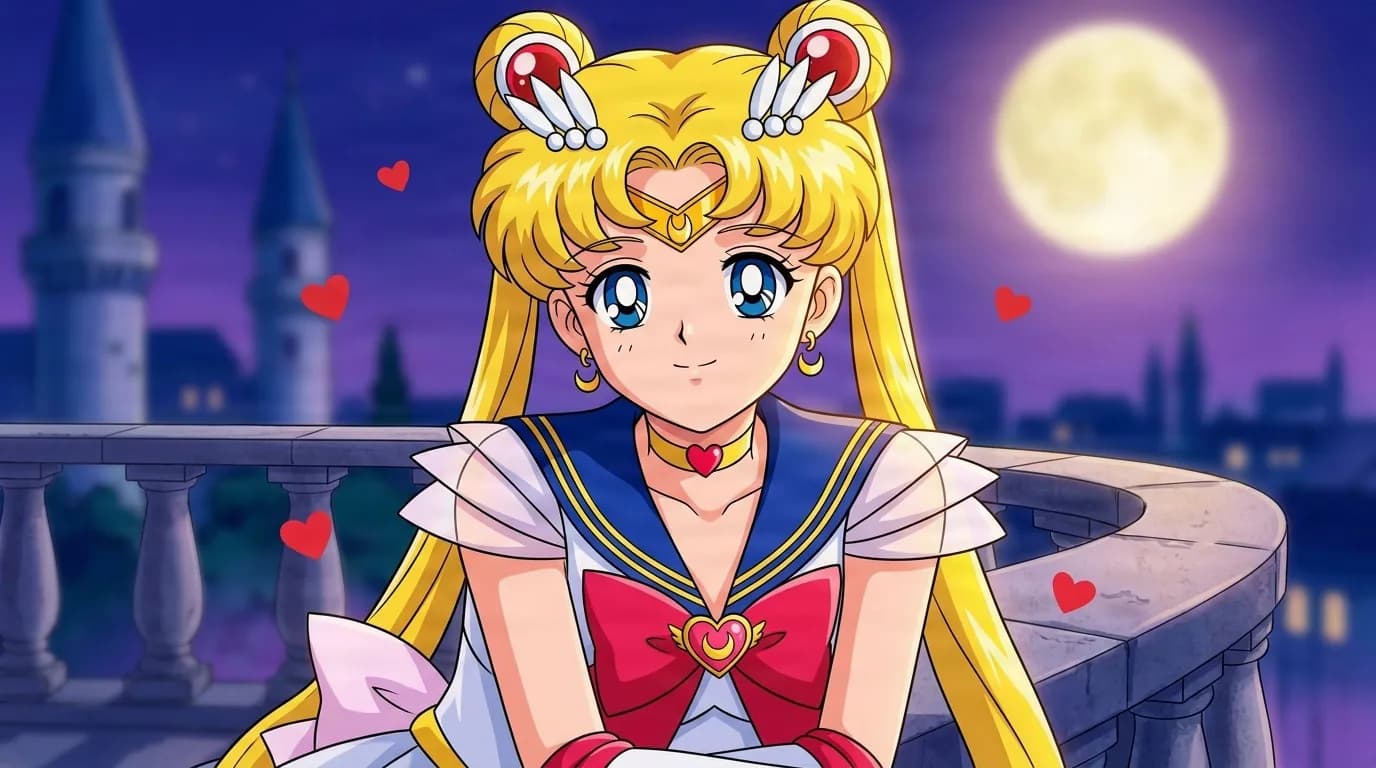 Usagi Tsukino / Sailor Moon (Anime) smiling on a moonlit balcony, blonde twin buns and pink bow, hearts floating around her.
