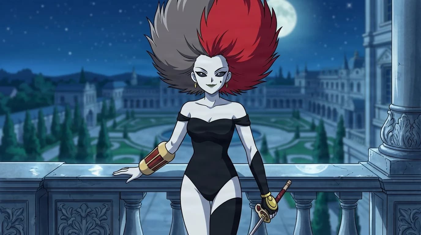 Utonberino, a pale demon woman with fiery red and grey spiked hair, holding a sword on a moonlit palace balcony