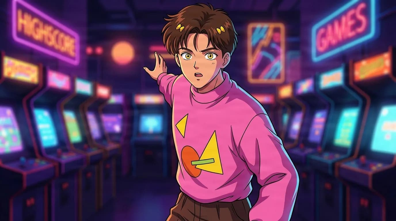 Yuu Kazama, a startled teen boy in a pink sweater with a triangle graphic, reaching out amid glowing arcade machines