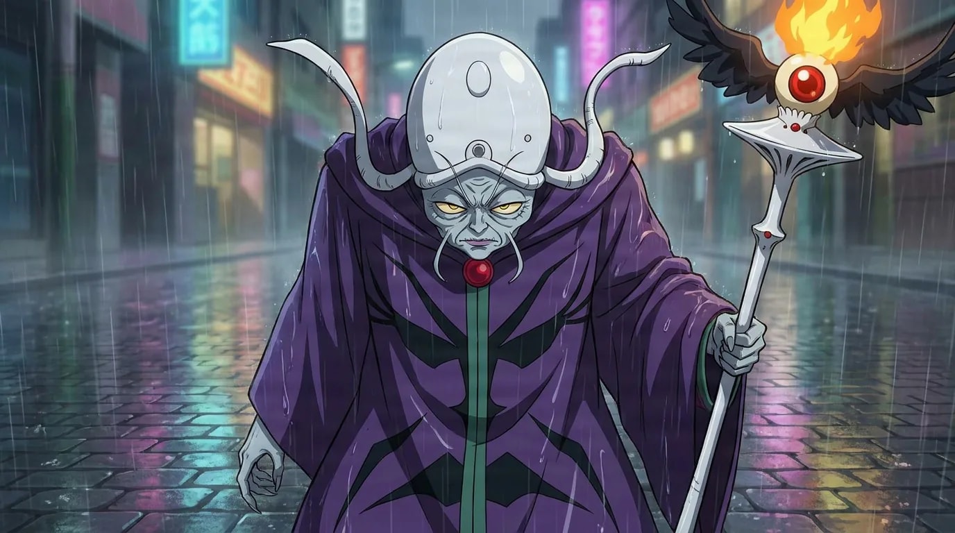Zirconia, a white-domed hooded figure in a purple robe, holding a flaming staff on a rainy neon street.