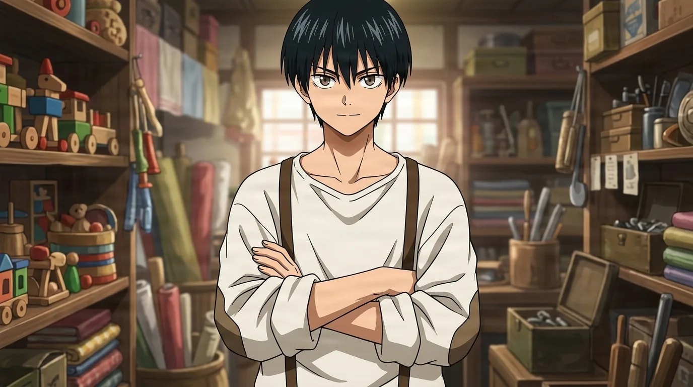 Amane Yotsumura standing arms crossed in a cluttered general store, black hair and a cream shirt with brown suspenders
