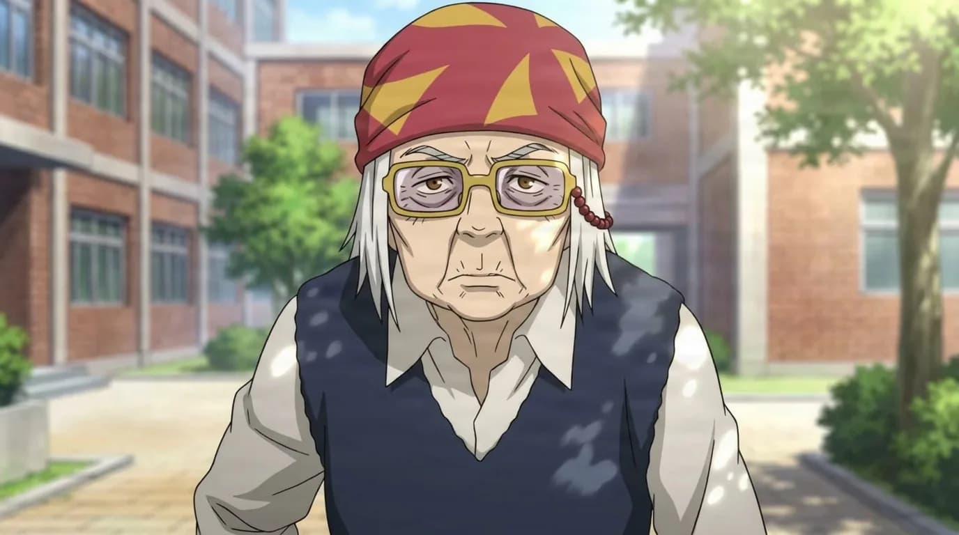 Granny Miya, an elderly woman with white hair, a red bandana and yellow glasses, in a gray vest in a school courtyard.