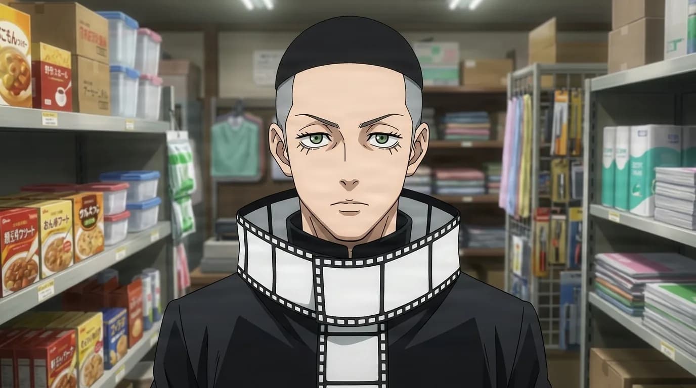 Kanaguri in a black cap and high film-strip collar, blank-faced, standing in a crowded general store aisle.