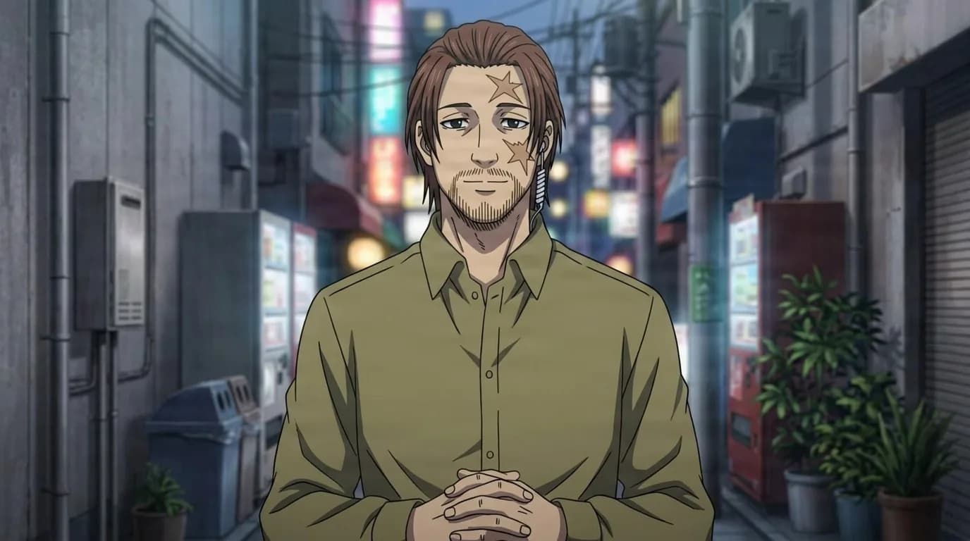 Takebe standing in a neon lit alley with his hands clasped, shaggy brown hair, stubble, star tattoos on forehead and cheek, olive shirt