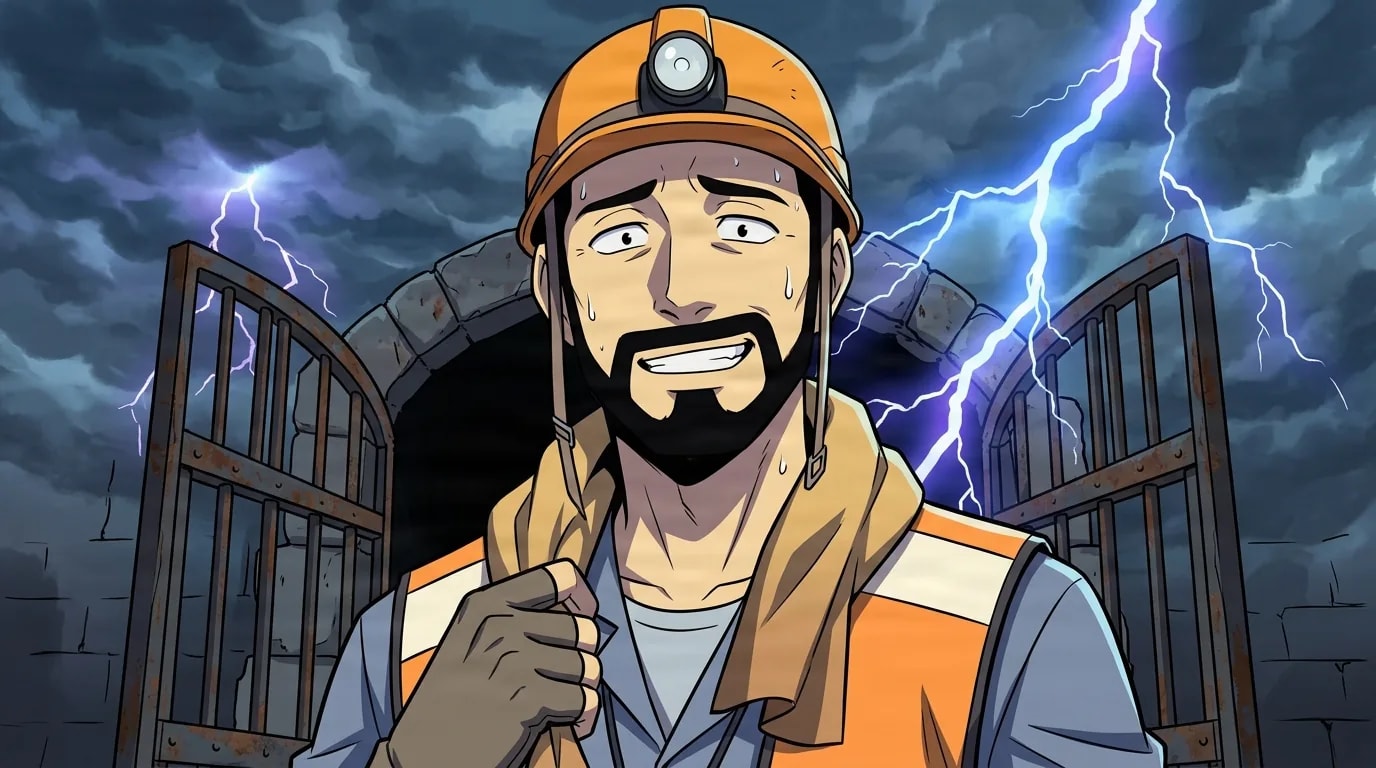 Un homme barbu portant un casque de chantier orange et un gilet de sécurité sourit nerveusement devant la porte orageuse d'un donjon zébrée d'éclairs