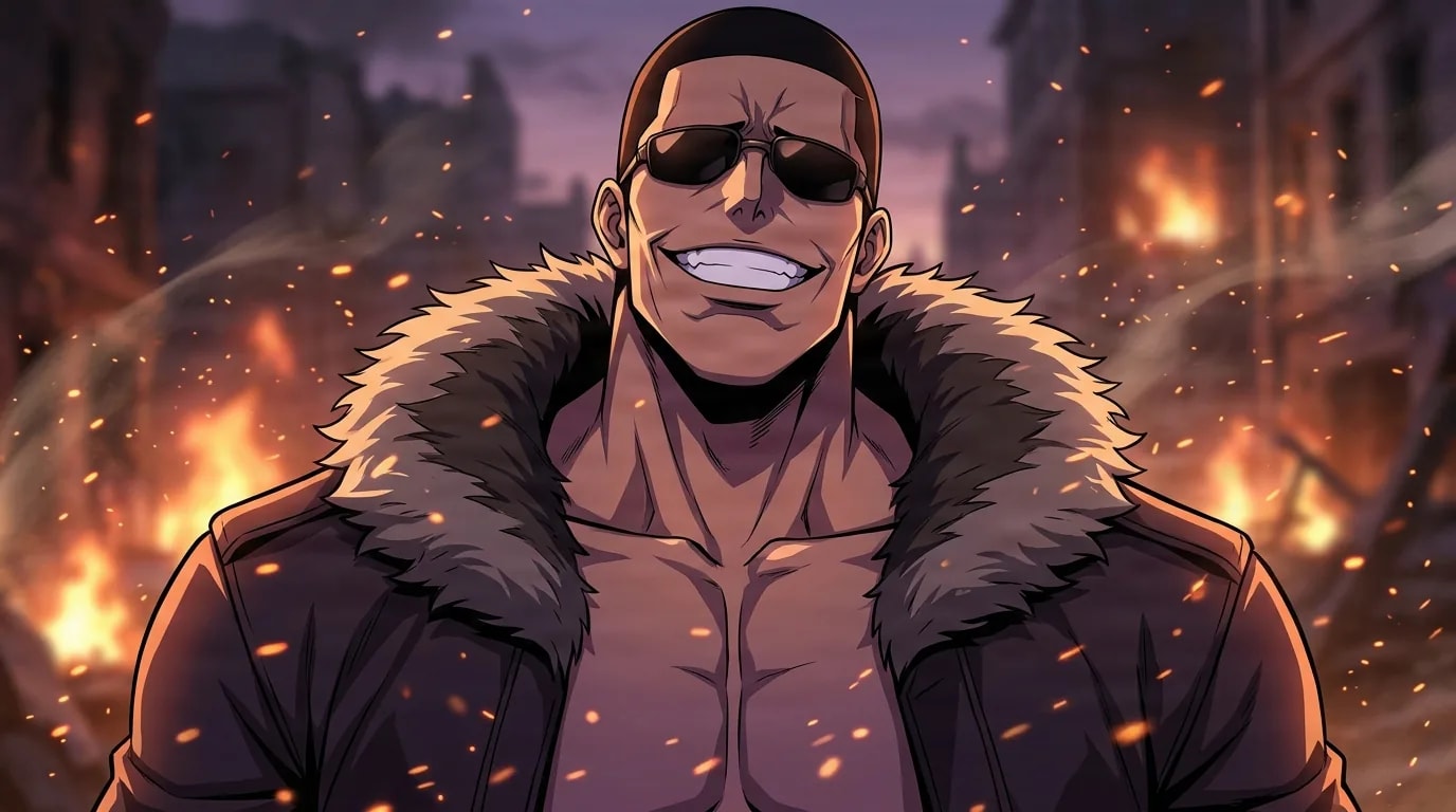 Hwang Dongsoo souriant derrière des lunettes de soleil sombres, vêtu d'une veste à col de fourrure sur son torse musclé nu, debout au milieu d'une rue de ville en ruine et en feu éclairée par des braises orange.