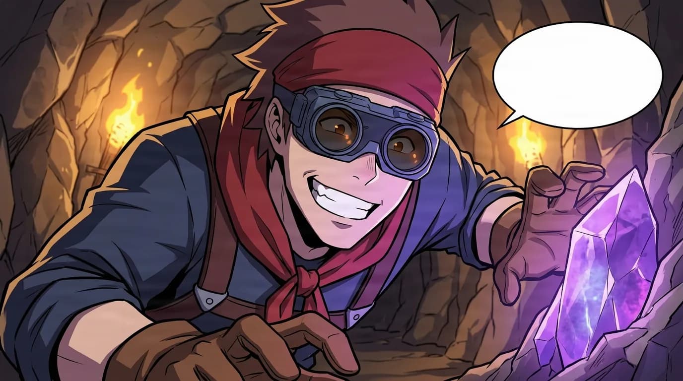 A grinning young man wearing goggles and a red bandana reaches toward a glowing purple crystal in a torch-lit cavern, dressed in a gray jacket with suspender straps and gloves.