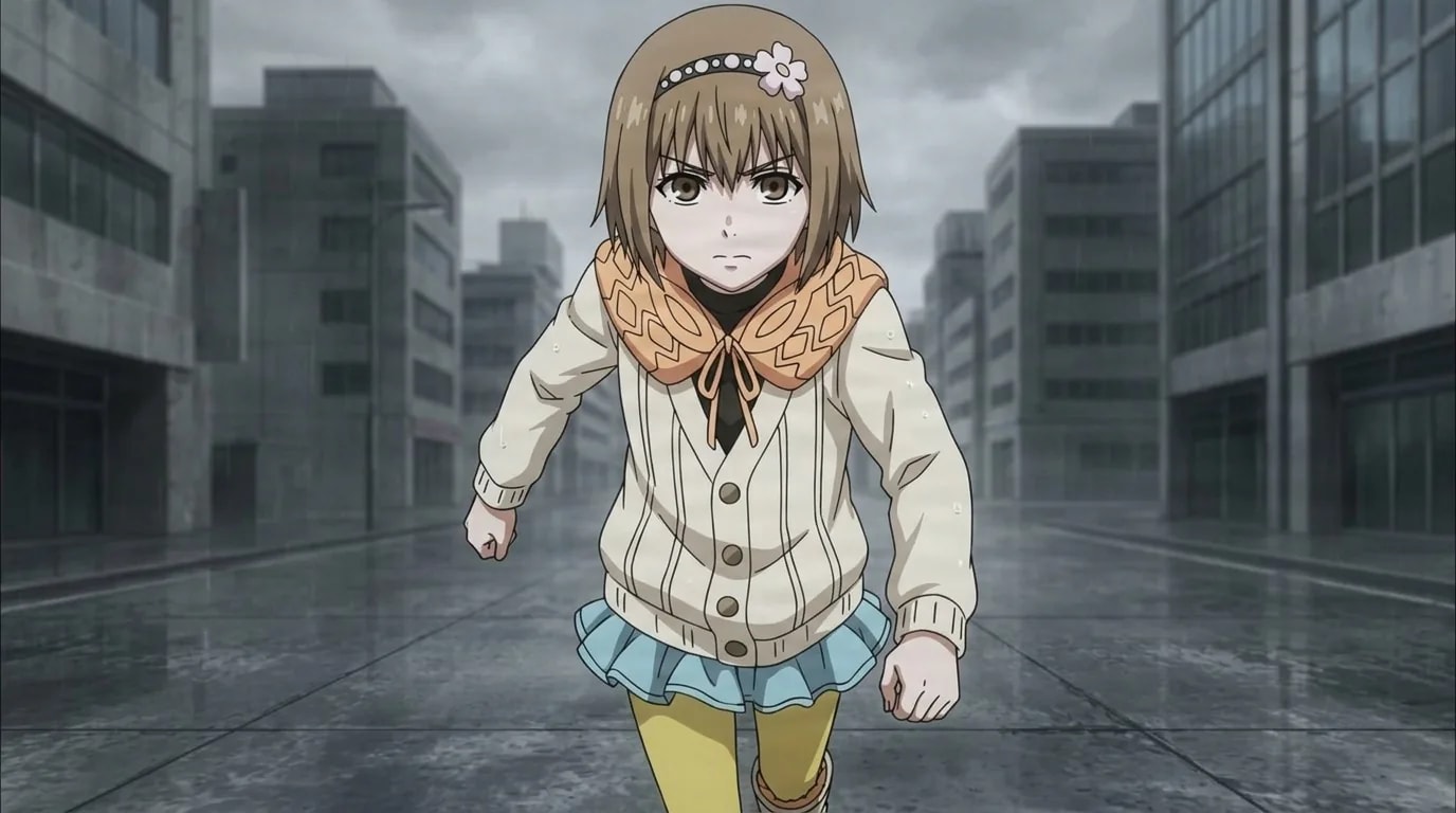 Hinami Fueguchi, a brown-haired girl with a flower headband in a cream cardigan and blue skirt, on a gray rainy street.