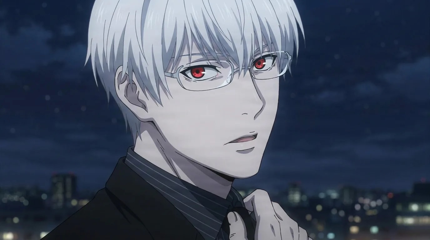Kishou Arima, a white-haired man with red eyes and glasses in black, adjusting his tie against a night city skyline.