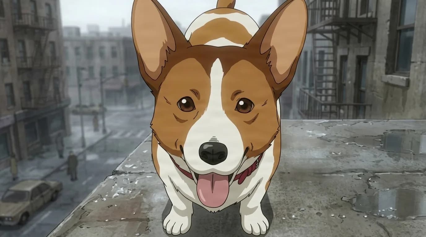 Rocky standing on a rooftop ledge above a grey city street, a tan and white corgi with a red collar and his tongue out