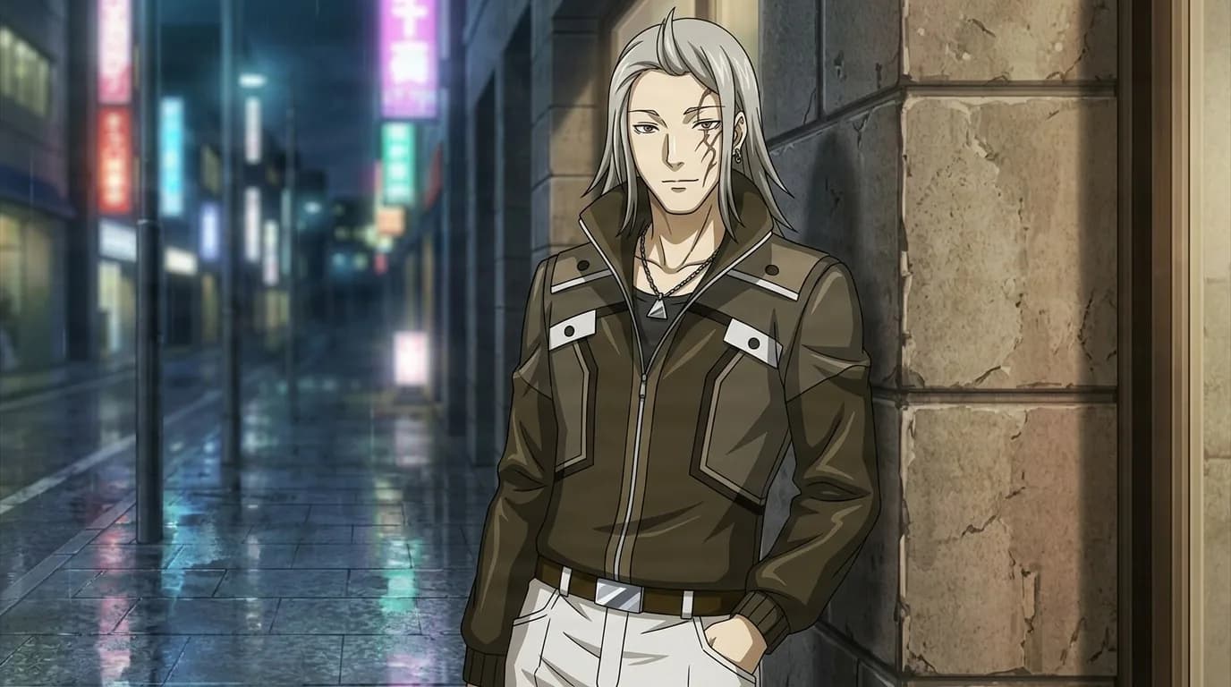Ryuuchi Kagami, a silver-haired man with a scar under one eye in a brown jacket, leaning against a wall on a rainy neon-lit street