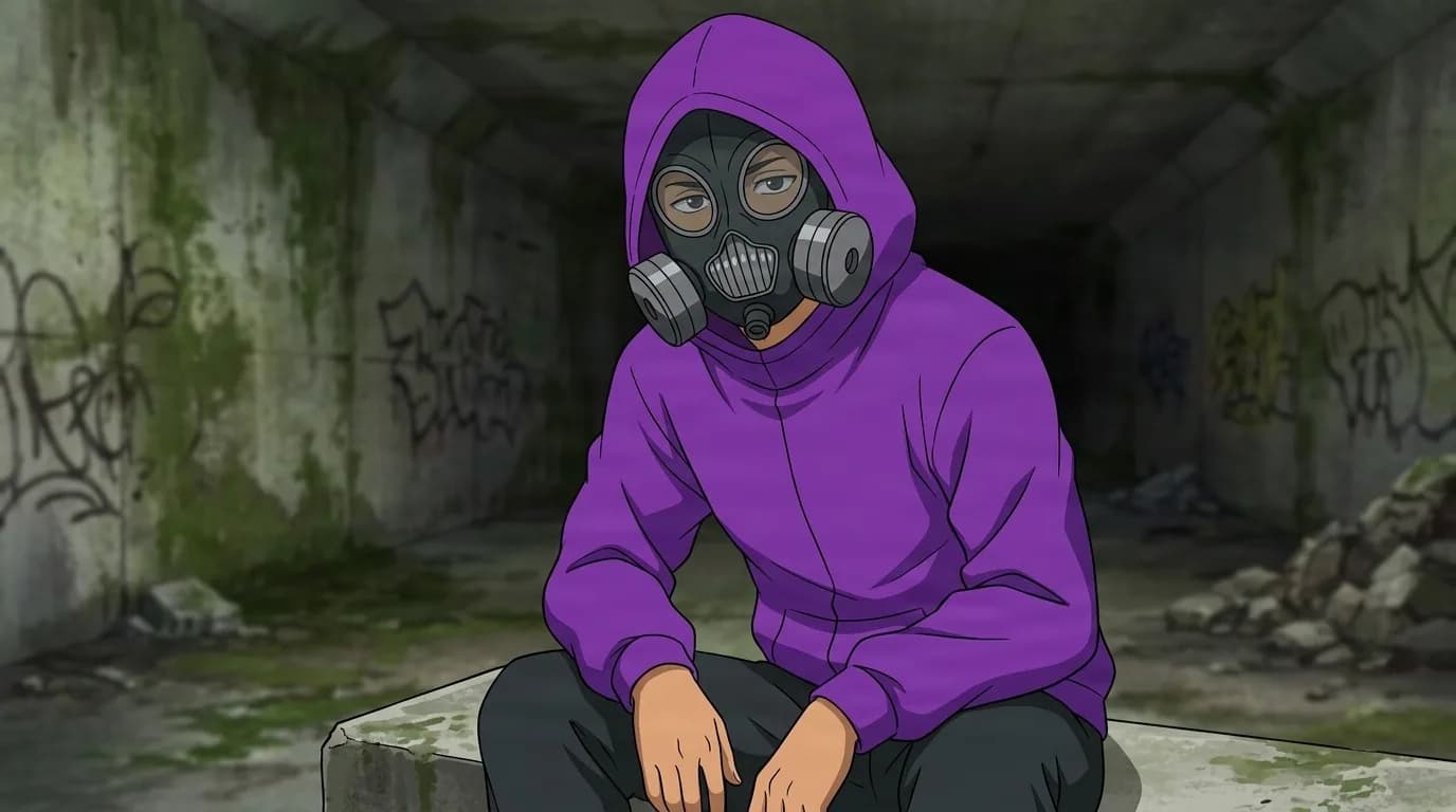 Sante, a hooded figure in a purple hoodie and gas mask, sitting in a graffiti-covered, mossy underground tunnel